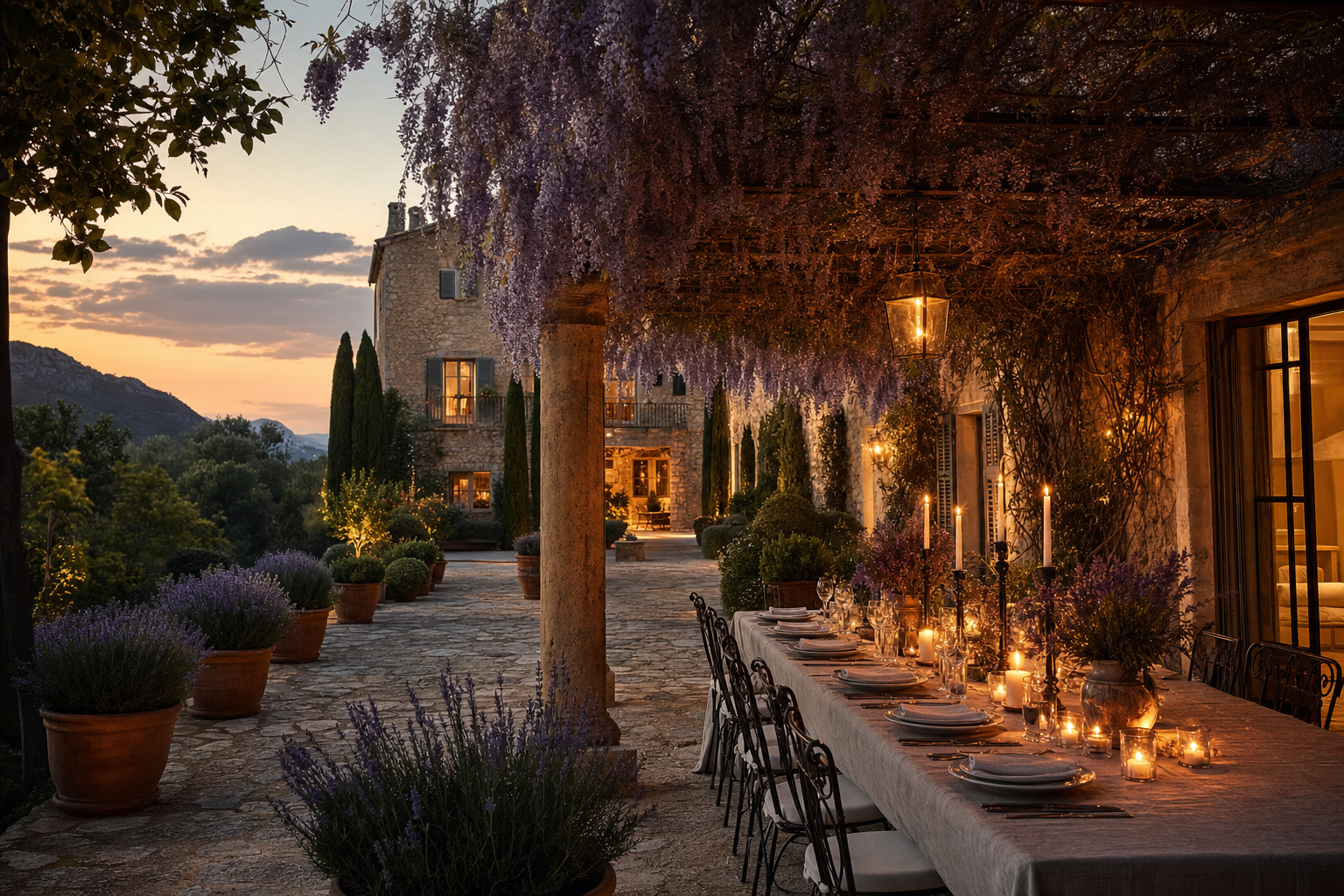Outdoor candlelit dinner at Mallorcan estate at dusk