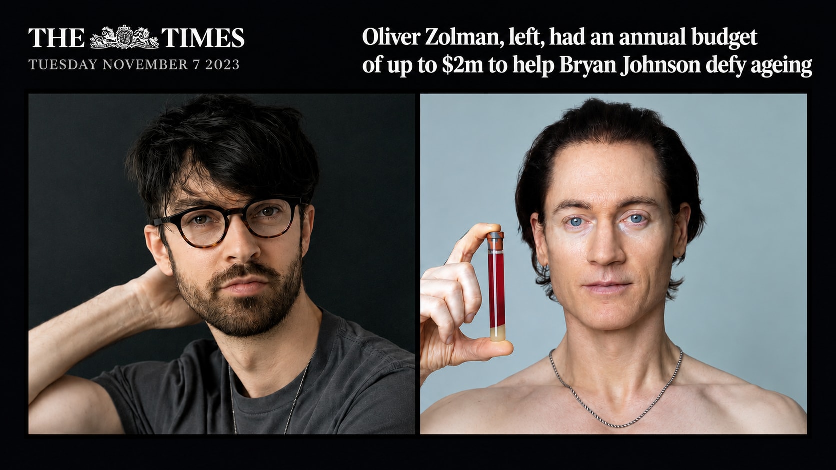 The Times, 7 November 2023: Oliver Zolman, left, had an annual budget of up to $2m to help Bryan Johnson defy ageing